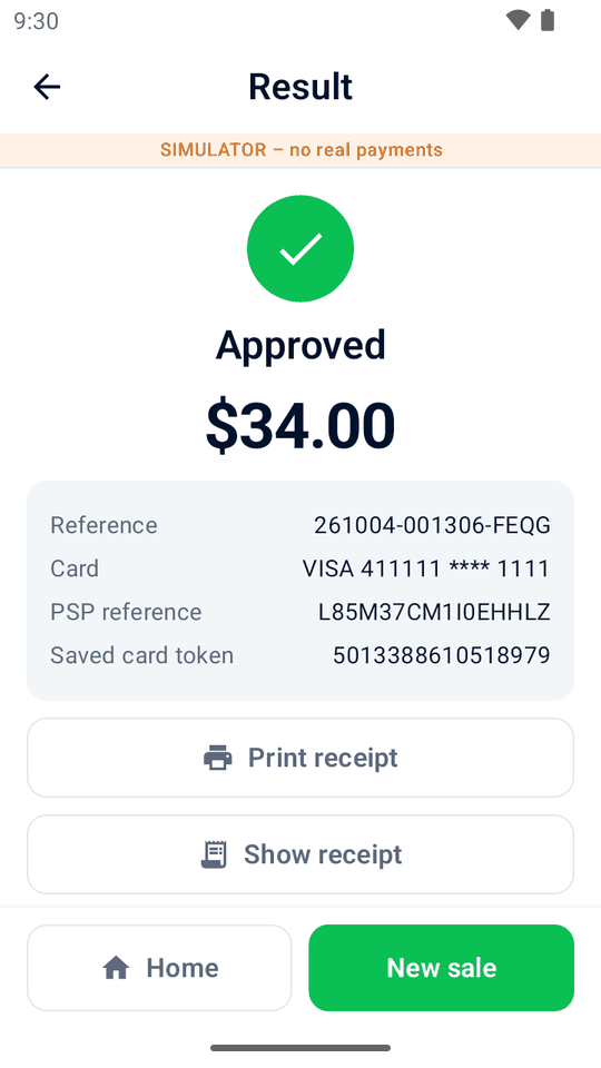 An approved $34.00 payment with its reference, card and PSP reference
