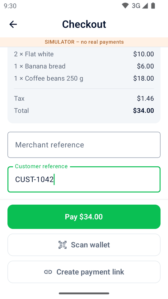 English simulator checkout demo showing $1.46 tax, a customer reference, Pay, Scan wallet and Create payment link