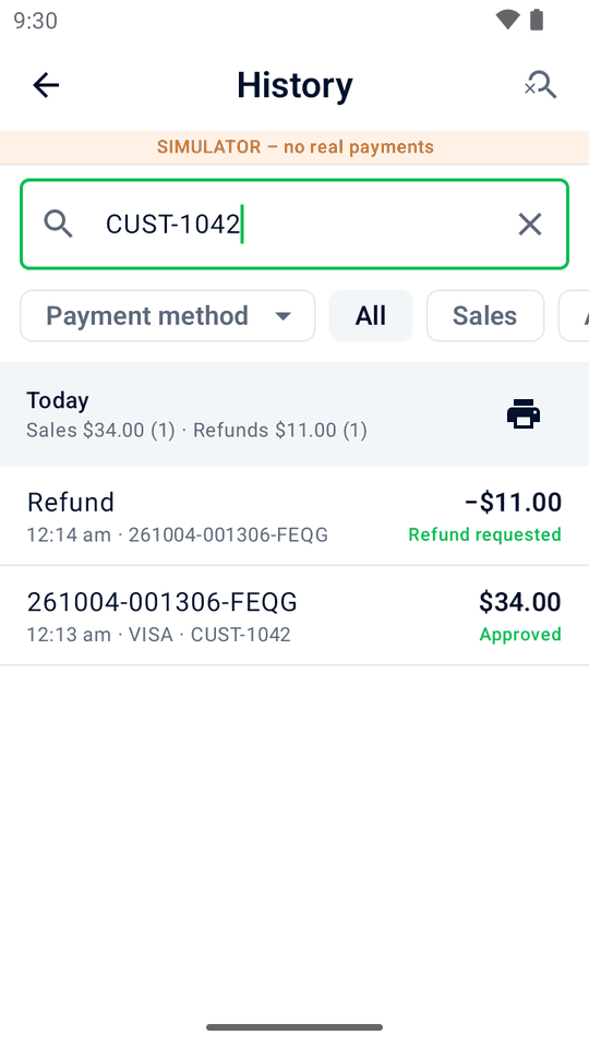 History searched for customer reference CUST-1042, showing that customer's sale and its refund