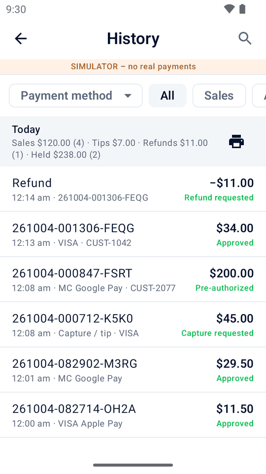 Sales history grouped by day with a pre-authorization, a sale with a captured tip, a refund and three approved sales, some paid with Apple Pay or Google Pay