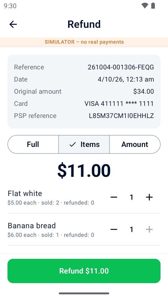 Refunding one flat white and a banana bread for $11.00
