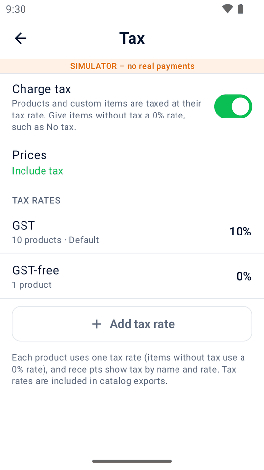 Tax settings with a Charge tax switch and GST and GST-free rates