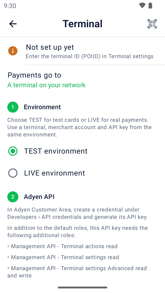 Terminal setup with a QR scan shortcut and an Adyen API step
