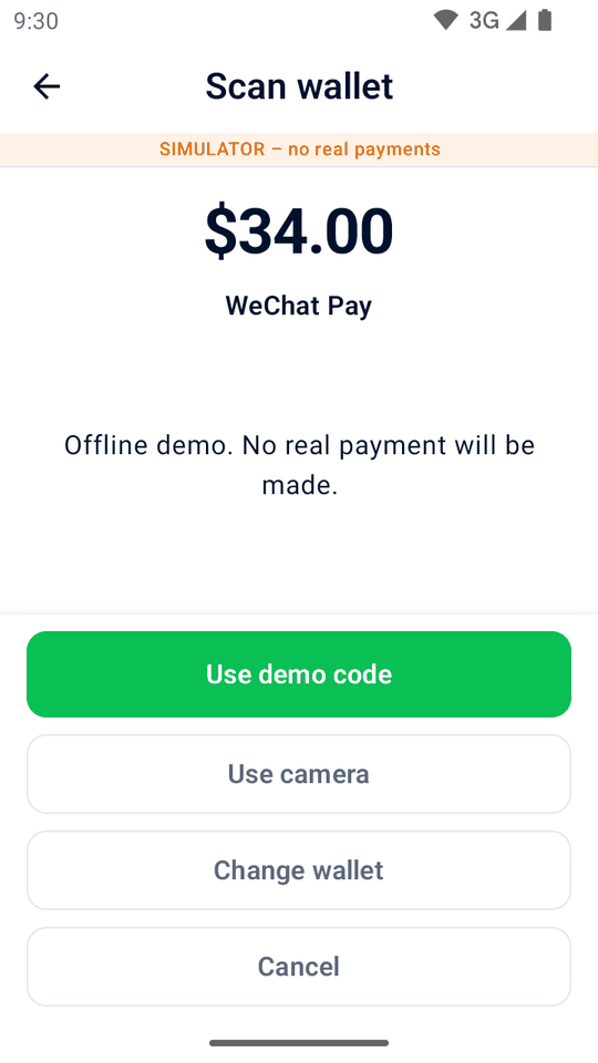 English simulator demo: WeChat Pay scan flow with an offline demo-code action