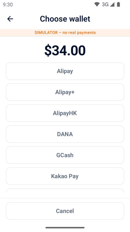 English simulator demo: choose a wallet for a $34.00 sale